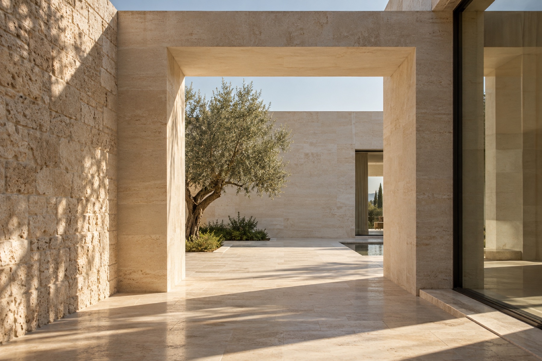 A sunlit limestone courtyard framed by a monumental stone opening.